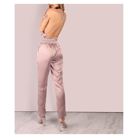 Dusty Pink V Neck Backless Satin Jumpsuit - Picture 3 of 5